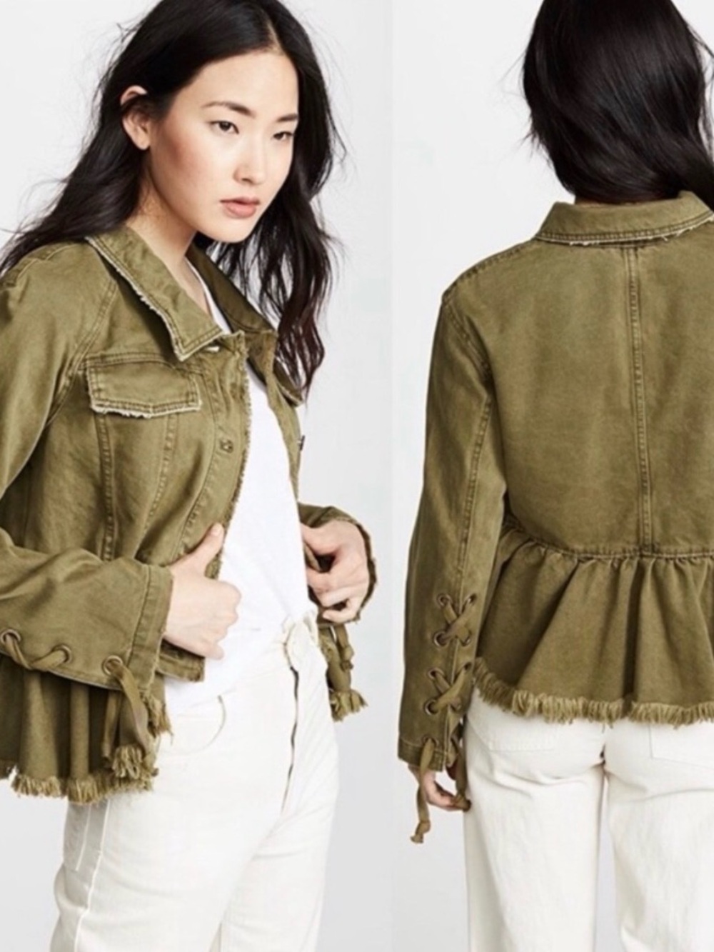 Free People Willow Moss Olive Green Cotton Denim Jean Jacket Utility Military S